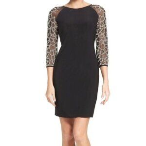 Chetta‎ B Dress Size 10 Black Sheer Beaded Sleeve Womens Stretch Cocktail
